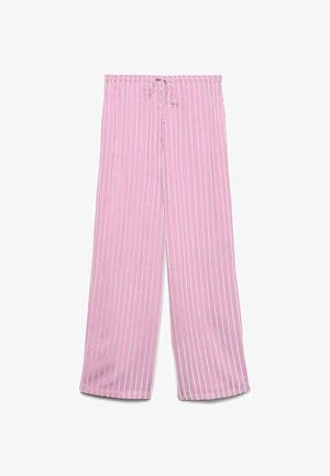 Pantaloni largi cu dungi verticale roz și albe, cu talie elastică și șnur de strângere.