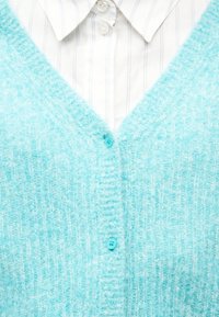 Ανοιχτό μπλε καρντιγκάν με κουμπιά, φτιαγμένο από χνουδωτό ύφασμα, φορεμένο πάνω από λευκό πουκάμισο με γιακά και λεπτές κατακόρυφες ρίγες.