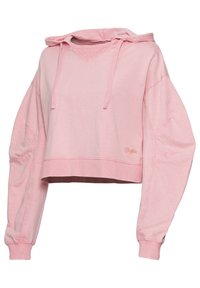 Roze cropped hoodie van zachte stof met een trekkoordcapuchon, verlaagde schouders en geribde manchetten. Heeft een klein logo op de zoom.