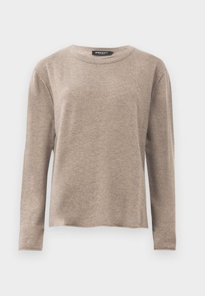 Beige long-sleeve sweater with a crew neckline. Made of soft, textured fabric. Simple design, no patterns or embellishments.