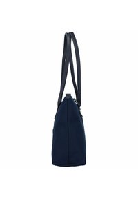 Navyblaue Tote-Tasche mit zwei strukturierten Schulterriemen, glatter Oberfläche und konischem Design. Verfügt über Reißverschluss-Schlüsse und ein minimalistisches Design.