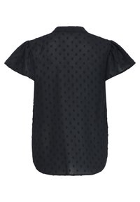 Blouse noire semi-transparente à manches courtes avec motif à pois texturé et col classique, vue de dos.