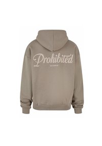 Sweatshirt à capuche beige avec une texture douce, comportant les inscriptions "Interdit" et "10119 BERLIN" en lettres blanches au dos.