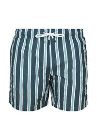 Gestreepte zwemshorts in donkerteal, met verticale witte en lichtteal strepen, elastische tailleband met trekkoord en mesh voering.