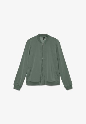 Roheline pommitaja jakk, millel on täielikult esiküljel tõmblukk, soonilised krae, mansetid ja alumine äär ning kaks küljetaskut.