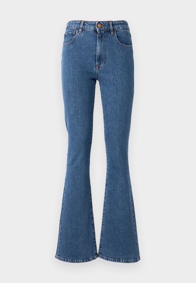 High-waisted blue denim jeans with a flared leg. Features five pockets and a front button closure. Stitching detail along seams.