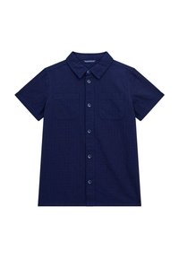 Marineblauwe korte mouwen knoopshirt gemaakt van gestructureerde stof. Voorzien van twee voorzakken en een geborduurd logo op de linkervzak.