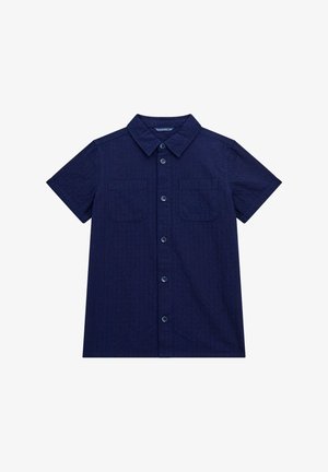 Camicia blu navy a maniche corte con bottoni realizzata in tessuto texturizzato. Presenta due tasche frontali e un logo ricamato sulla tasca sinistra.