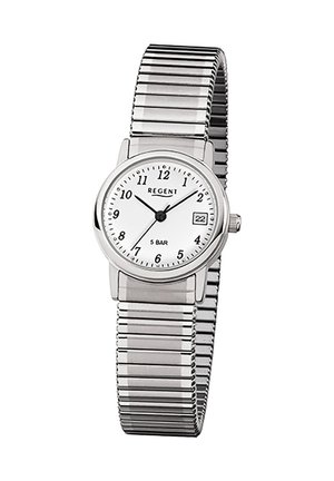 Montre-bracelet analogique argentée avec cadran blanc, chiffres noirs, affichage de la date et bracelet métallique extensible, indiquant l'heure 10:10:35.