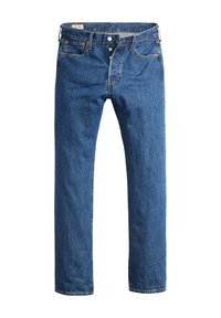 Pantalones vaqueros azules de mezclilla con corte de pierna recta, con bragueta de botones, cinco bolsillos y un sutil desgaste. Diseño clásico con costuras en contraste.