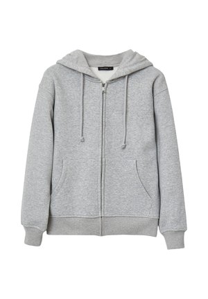Felpa grigia con zip realizzata in tessuto morbido, presenta un cappuccio, cordini, due tasche frontali e polsini e orlo a coste.