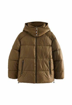 Braune Pufferjacke mit Kapuze, Reißverschluss, zwei seitlichen Reißverschlusstaschen, gepolsterter Textur und Druckknöpfen am Kragen.