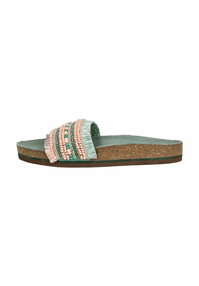 Slide sandals with a cork sole, featuring a mint green fabric strap embellished with pink, teal, and silver bead patterns and fringes.