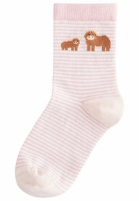 Calze di cotone a righe rosa con disegni di animali marroni sulla parte anteriore, dotate di polsino a coste e punta senza cuciture.