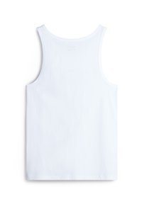 Camiseta sin mangas de algodón blanco con cuello redondo y tirantes anchos, con un diseño liso y una textura suave.