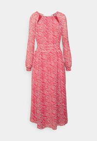 Robe à imprimé animal rouge et blanc avec des manches longues, taille élastique et encolure froncée. Tissu lisse, design mi-long, silhouette fluide.