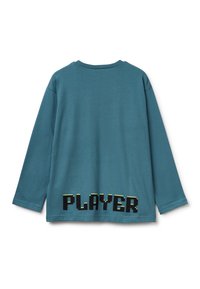 Tyrkysové dlouhé tričko z měkké bavlny, s pixelovaným grafickým motivem "PLAYER" na spodní části v černé a žluté barvě. Kolo výstřih a volný střih.