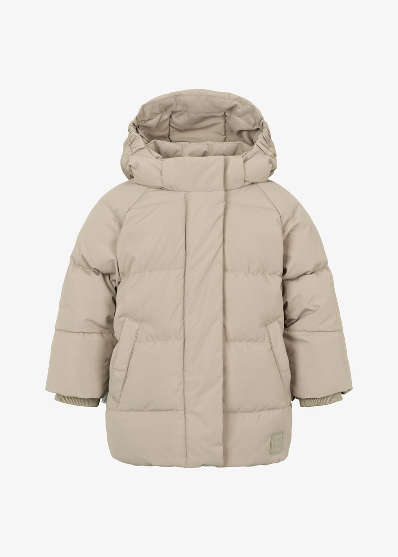 Béžová péřová bunda s kapucí, s prošívaným designem, dvěma bočními kapsami a žebrovanými manžetami na rukávech. Měkká, polstrovaná textura.