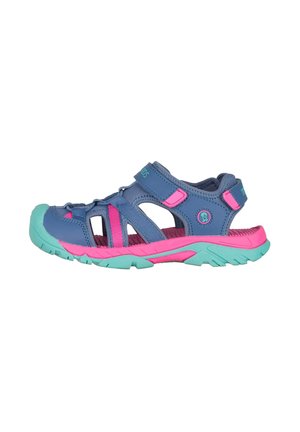 Sandalia deportiva para niños en azul y rosa con suela turquesa, punta abierta, tiras ajustables y plantilla acolchada para juegos al aire libre.