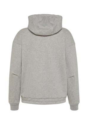 Sudadera con capucha gris, material suave, corte relajado, hombros caídos, puños y dobladillo acanalados, sin gráficos ni acentos visibles.