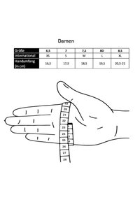 Sizing chart for women, with measurements in cm. Image depicts a hand with a measuring tape showing sizes from 6.5 to 8.5 and corresponding hand circumferences.