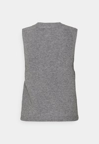 Grauer ärmelloser Strickpullover, gerippte Textur, runder Halsausschnitt, schlichtes Design, weicher Stoff, mit einem leicht längeren Rückenbund.