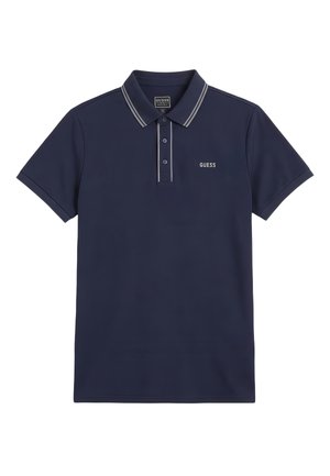 Navy blue short-sleeve polo shirt with grey double stripes on collar and button placket, "GUESS" logo on left chest.