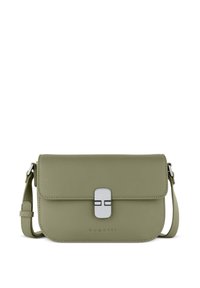 Borsa a tracolla verde oliva realizzata in morbida pelle sintetica con chiusura a pattina, ferramenta in tonalità argento e tracolla regolabile.