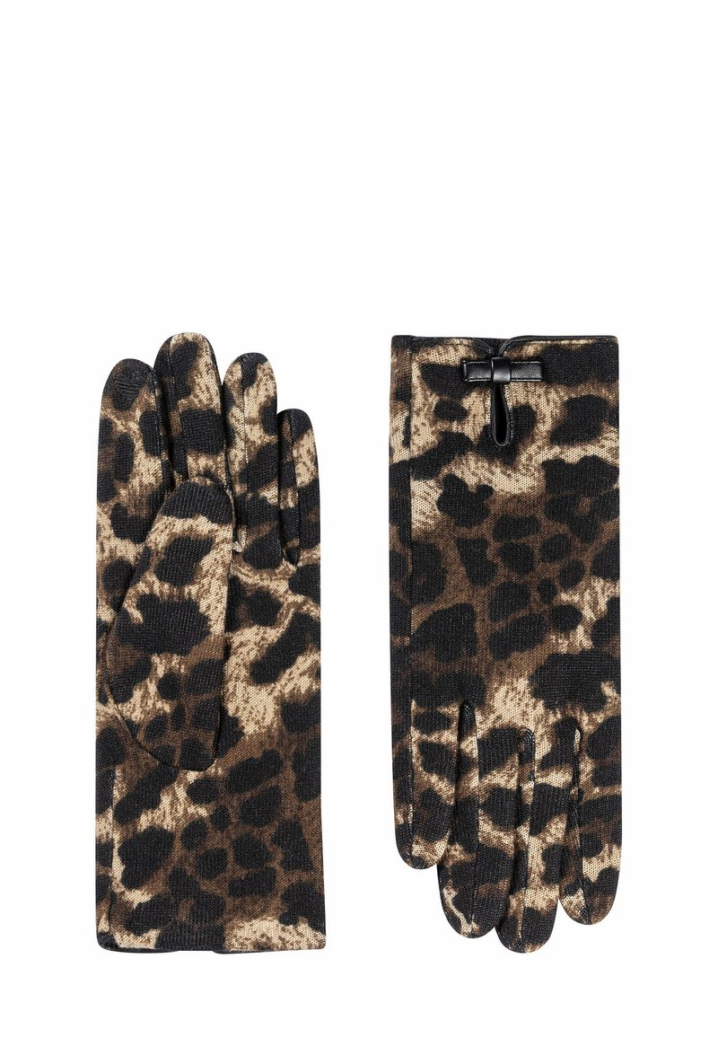 Lederhandschuhe mit Leopardenmuster aus strukturiertem Stoff, in einer Mischung aus braunen und schwarzen Farbtönen, mit einem sicheren schwarzen Akzent am Bündchen.