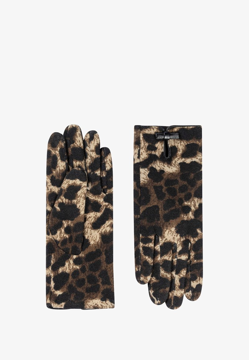 Lederhandschuhe mit Leopardenmuster aus strukturiertem Stoff, in einer Mischung aus braunen und schwarzen Farbtönen, mit einem sicheren schwarzen Akzent am Bündchen.