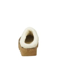 Zapato deslizante forrado de piel sintética con una abertura redondeada, parte superior sólida de color claro y suela texturizada de corcho beige.