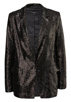 Black sequined blazer with a satin lining, featuring a notched lapel, two front pockets, and a tailored silhouette.