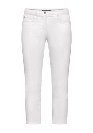 Jean blanc slim-fit court avec cinq poches, fermeture par bouton à l'avant et passants pour ceinture.