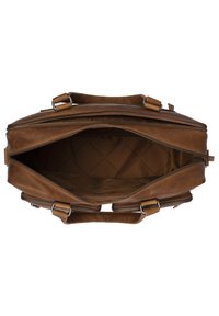 Braune Leder handtasche mit rechteckiger Form, zwei oberen Griffen, Reißverschlussverschluss und gestepptem Stoffinnenraum. Auffällige Steppdetails im Inneren.