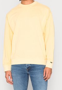 Sweat-shirt jaune clair à col rond, poignets et ourlet côtelés. Dispose d'un petit logo à l'avant et d'une étiquette de marque sur la manche.
