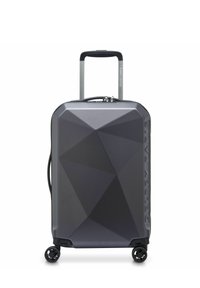 Dark gray hard-shell suitcase with geometric pattern, four spinner wheels, telescopic handle, and side handle, branded "Delsey Paris."