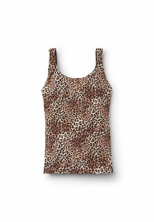 Débardeur sans manches avec encolure dégagée, motif léopard marron et noir sur fond beige.