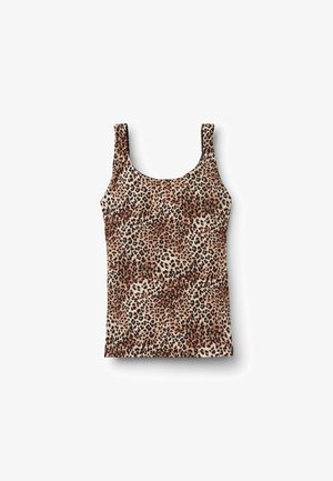 Canotta senza maniche con scollo rotondo, motivo leopardato marrone e nero su sfondo beige.