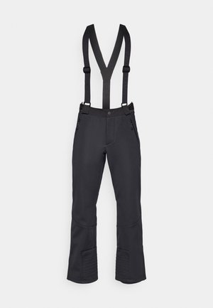 Mustad lumepüksid reguleeritavate tirpude, tõmblukuga taskute ja soonikkoes ääristega pahkluudes. Valmistatud vastupidavast, veekindlast materjalist.