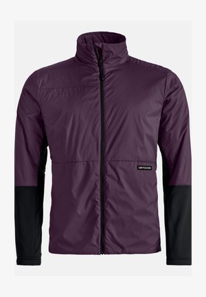 Lightweight, zippered jacket in deep purple with black sleeves. Features a high collar and logo on the left side. Smooth, water-resistant fabric.