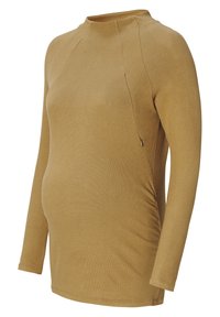 Těhotenské triko s dlouhým rukávem v béžové barvě, vyrobené z měkké bavlny. Má vysoký límec, boční nařasení a zip pro funkčnost.