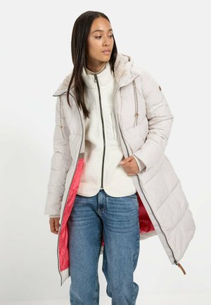 Light grey puffy long coat with a fur-lined hood, featuring a pink interior, zipper front, and elastic drawstrings for adjustment.