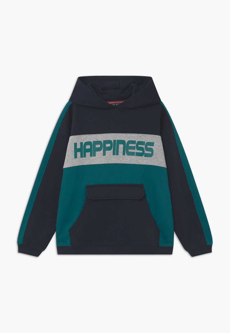 Marineblauer, blaugrüner und grauer Kapuzenpullover mit Fronttasche und dem Schriftzug "HAPPINESS" in fetten blaugrünen Buchstaben auf der Brust.