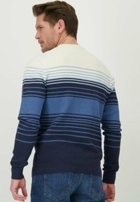 Blauwe en marine gestreepte trui met een gestructureerde brei, voorzien van een lichtere crèmekleurige kraag. Volle mouwen, casual pasvorm en geribde zoom.