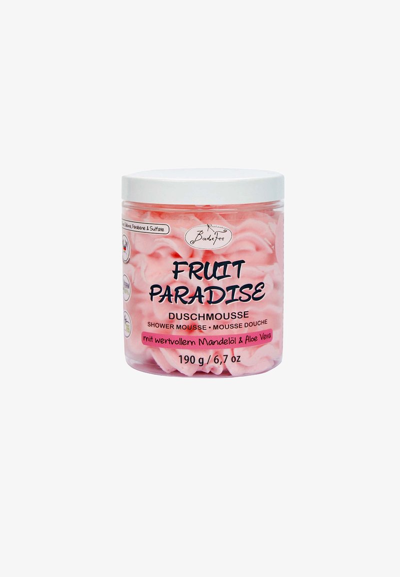 Pink shower mousse in a clear jar with a white lid. Features embossed texture inside. Labels include product name and usage details.