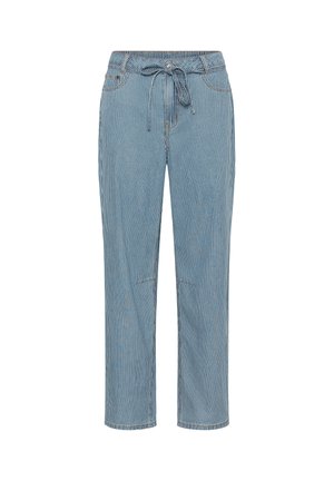 Kék-fehér, függőlegesen csíkos, laza szabású nadrág, megkötős derékrésszel, két oldalzsebbel és sima farmer anyaggal.