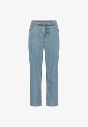 Kék-fehér, függőlegesen csíkos, laza szabású nadrág, megkötős derékrésszel, két oldalzsebbel és sima farmer anyaggal.