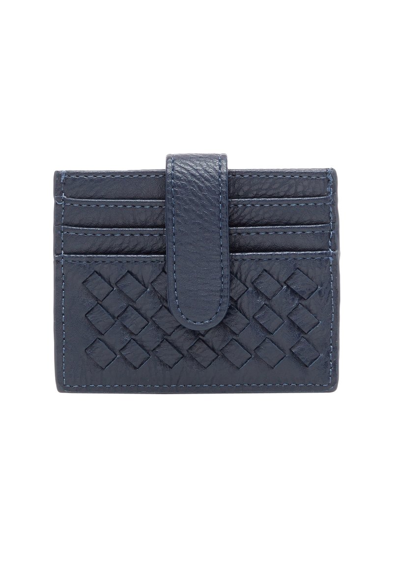 Portafogli in pelle navy con texture intrecciata, bordi arrotondati, sei scomparti per carte e chiusura a loop, con cuciture a contrasto.