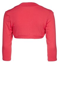 Beschnitten långärmad topp i ljus korallrosa, gjord av mjukt tyg med en slät yta, med rundad halsringning och fåll.