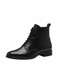 Bottines en cuir noir avec une finition lisse, bout arrondi, six œillets pour le laçage et un petit talon empilé.